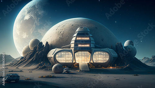moon base , a lot of architecture ,moon base city ,united , mechanical ,space , universe , star light , landscape , roof view , sky scrapper , unit-architecture , futuristic, cinematic , unreal engine