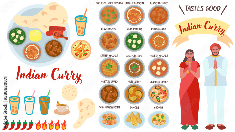 Fototapeta premium インドカレーレストランのカレーやサイドメニューのイラストセット。フラットなベクターイラスト。 Illustration set of Indian curry restaurant's curries and side dishes. Flat designed vector illustration.