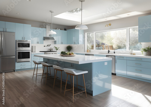 Light Blue Modern Kitchen with Sleek Design, Sleek and Sophisticated Light Blue Kitchen with Marble Textured Wall and Leather Chairs