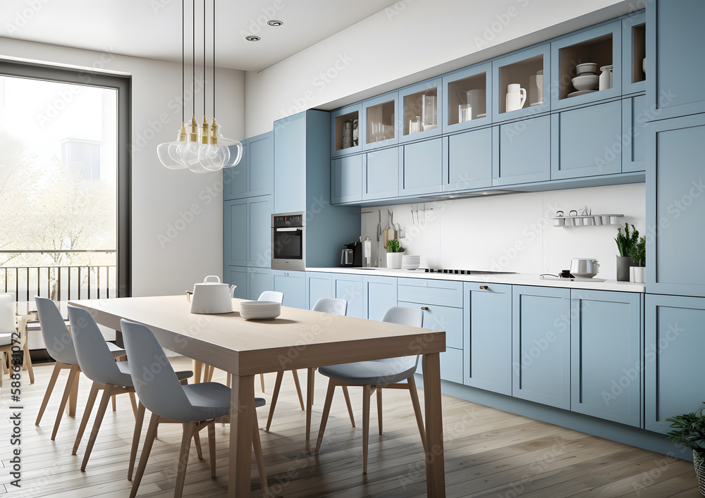 Light Blue Modern Kitchen with Sleek Design, Sleek and Sophisticated Light Blue Kitchen with Marble Textured Wall and Leather Chairs