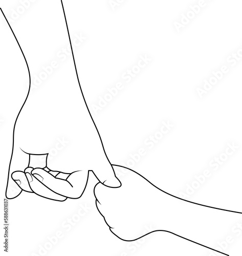 Kid holding mom finger line art. Happy mothers day concept. Vector illustration.