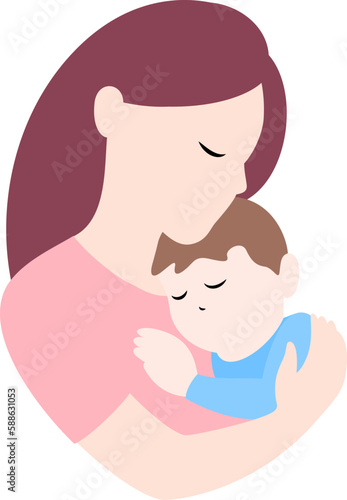 Mother holding baby son in arms. Happy mothers day. Vector illustration for greeting card, poster, banner.