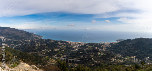 panorama view of the Mediterranean Coast and the towns of Menton and Cape Martin in southern France with the La Provencal Highway