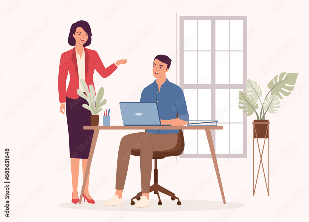 Smiling Woman Manager Talking With Her Employee At The Office. Full Length. Flat Design Style, Character, Cartoon.