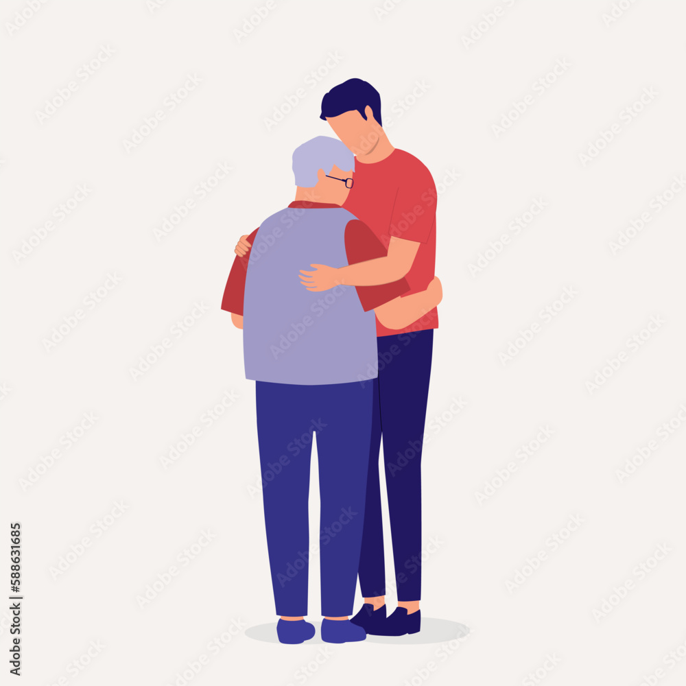 Senior Father And Adult Son Hugging Each Other Lovingly. Full Length. Flat Design Style, Character, Cartoon.