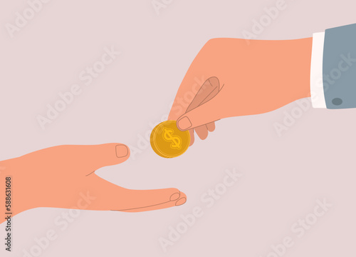 Businessman’s Hand Giving Gold Coin Money To Another’s Person Hand. Close-Up. Flat Design Style, Character, Cartoon.