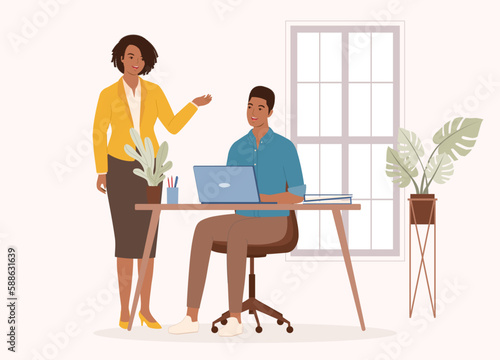 Smiling Black Woman Manager Talking With Her Employee At The Office. Full Length. Flat Design Style, Character, Cartoon.