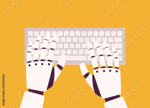Top View Of Both Robotic’s Hand Typing On Wireless Computer Keyboard. Close-Up. Flat Design Style, Character, Cartoon.