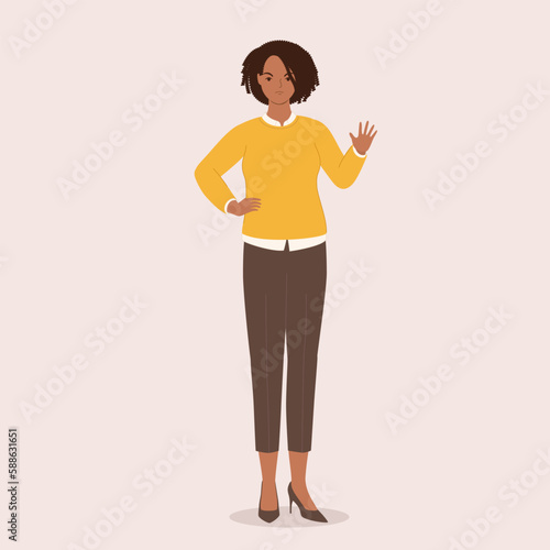 One Angry Black Businesswoman With Stop Hand Gesture. Full Length. Flat Design Style, Character, Cartoon.