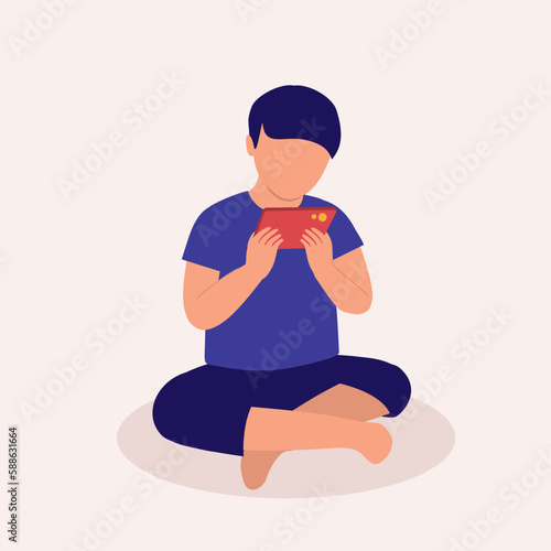 One Little Boy Sitting On Floor And Watching Cartoons On His Mobile Phone. Digital Native. Full Length. Flat Design Style, Character, Cartoon.