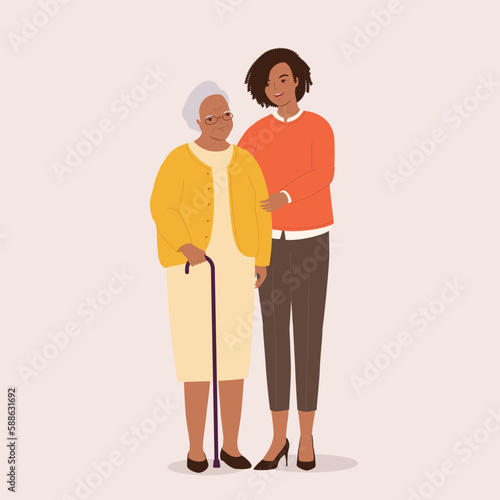 Smiling Black Adult Woman Holding Arm Of A Senior Woman With Walking Cane. Full Length. Flat Design Style, Character, Cartoon.