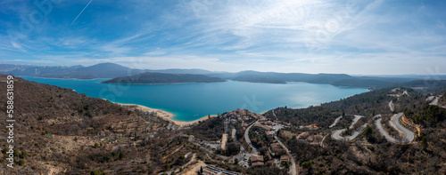 panorama view of the lake and village of Sainte-Croix-du-Verdon in the Haute Provence region of France photo