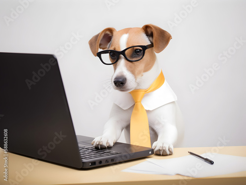 Cute puppy with glasses in office. Concept of pet officer, business or office hours.