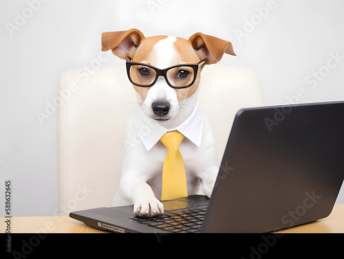Cute puppy with glasses in office. Concept of pet officer, business or office hours.