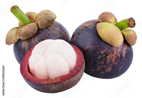 Mangosteen fruits with cut isolated on transparent background photo