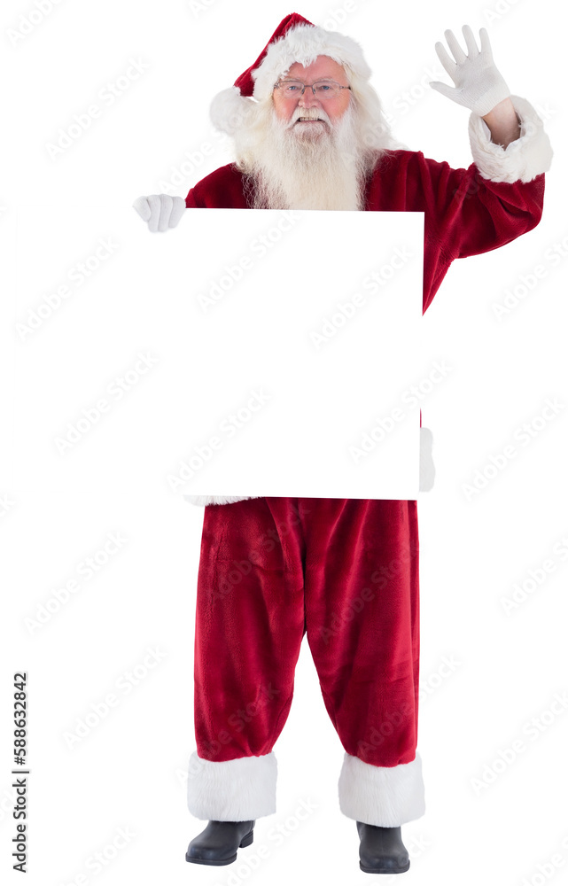 Naklejka premium Santa holds a sign and is waving