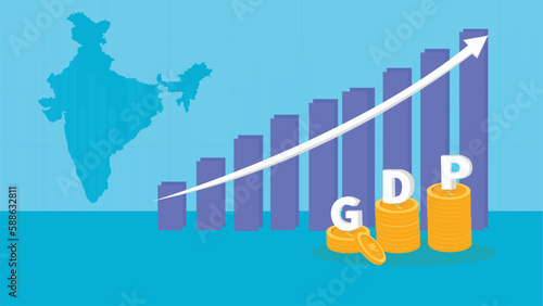 Indian GDP Growth Illustration with Growing Bar Graph, Arrow Increasing Upward and Stack of Coins Displayed