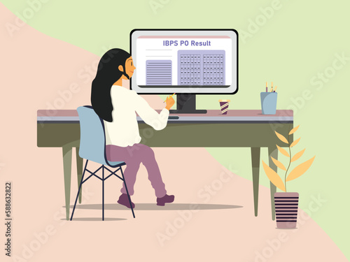 IBPS PO Online Exam Result Viewed on Computer Screen by Female Candidate Sitting on Chair - Graphical Illustration