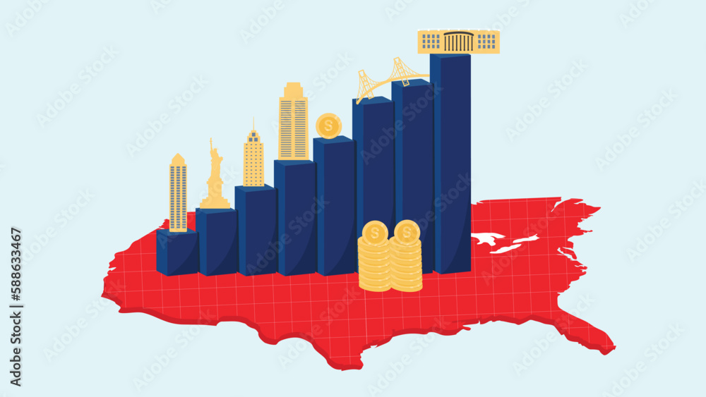 US Stock Market Growth Illustration with Growing Bar Graph with Set of Icons of Coins, Important