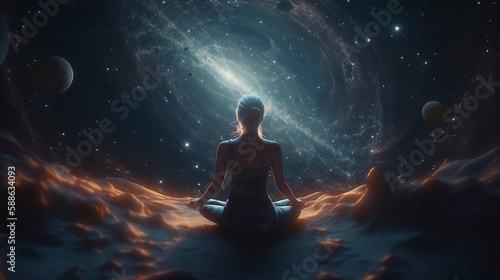 meditation in space, Woman sitting in yoga lotus pose and her connection to space