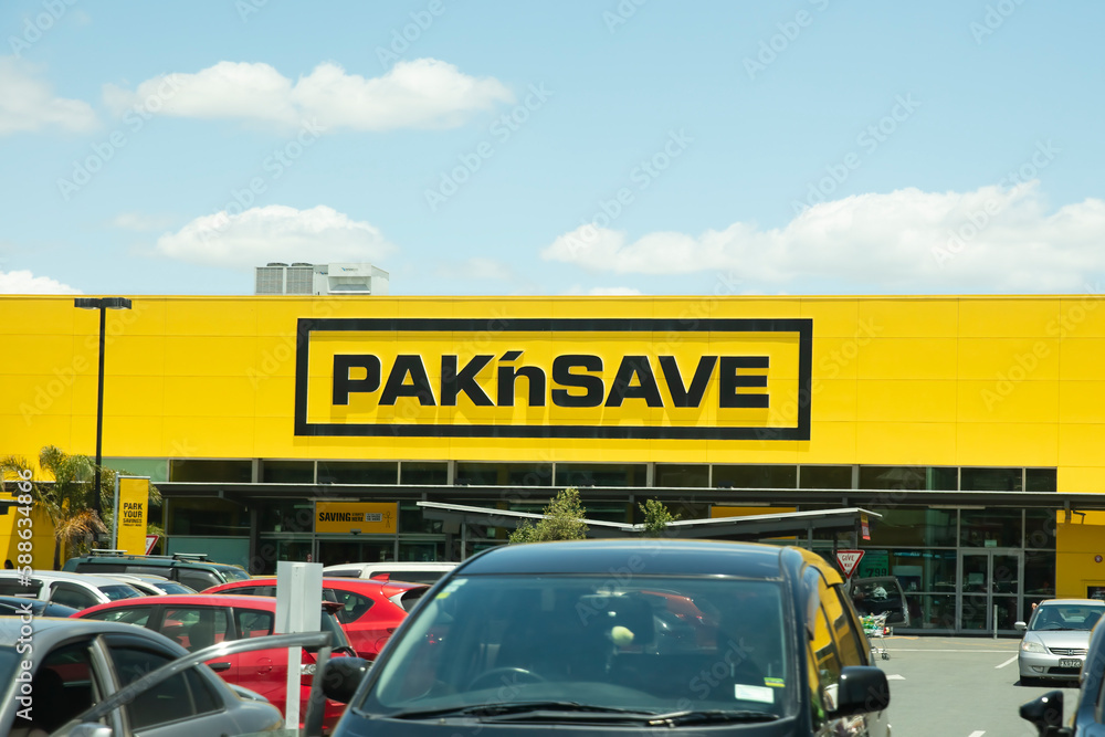 PAK'nSAVE sign and storefront building. PAK'nSAVE is a discount food