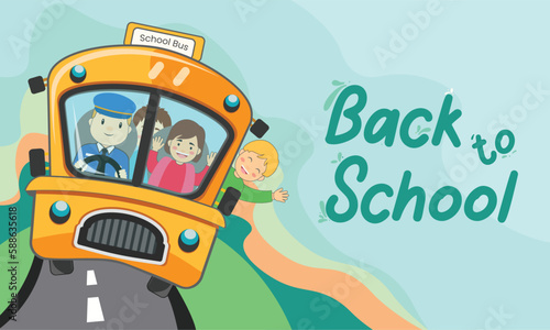 Back to School joyful kids on Bus Roadtrip for kindergarten child