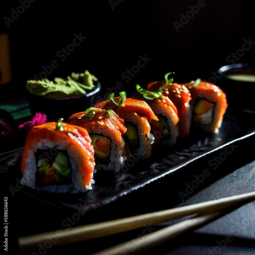 Beautifully plated sushi roll, dark background, food photography generative AI
