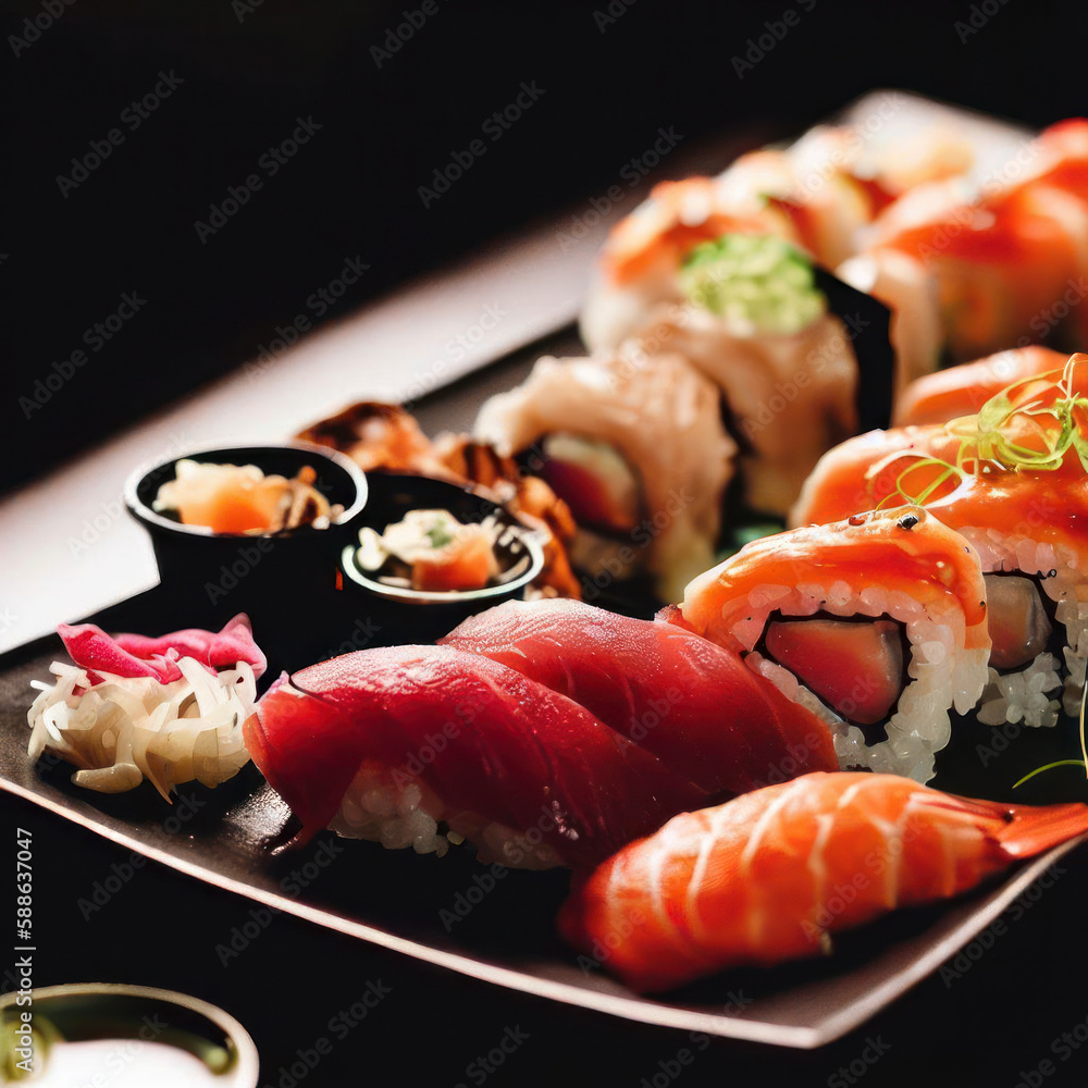 Beautifully plated and sashimi, dark background, food photography generative AI Beautifully plated and sashimi, dark background, food photography generative AI