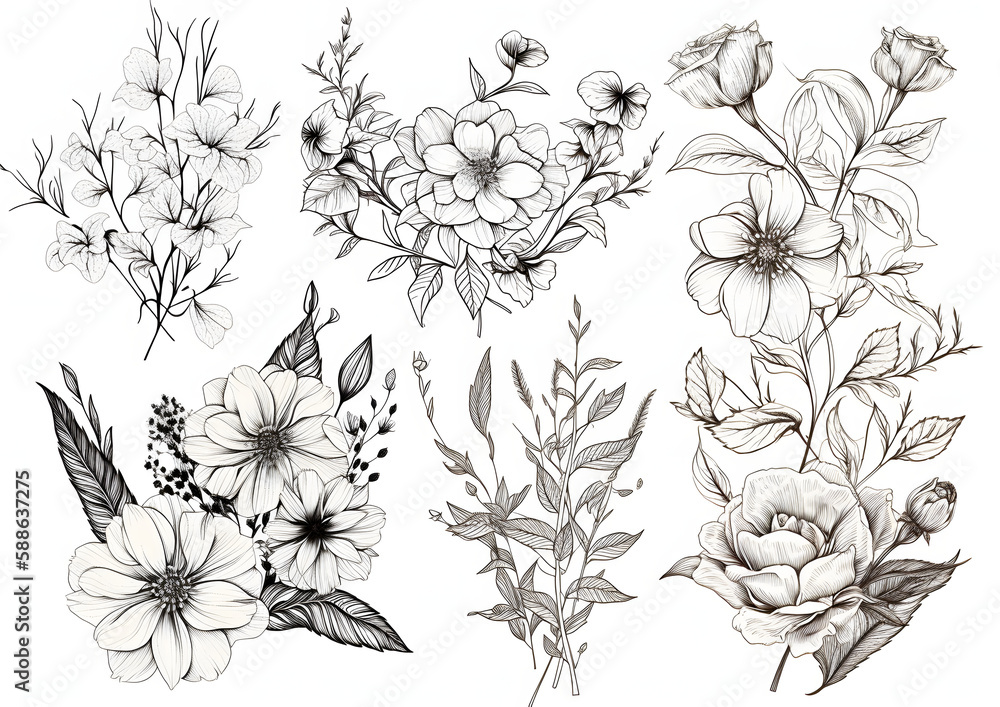 Elegant Bouquet Flower and Leaves Line Art Ornament Collection, Generative AI