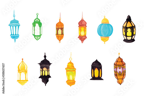 Some of the lanterns are hand drawn, hand drawn watercolor vector illustration for greeting card or invitation design