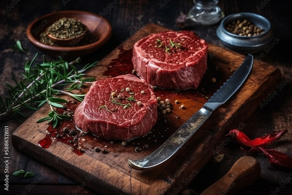 Variety raw beef steaks for grilling with spices and utensils on dark rustic board
