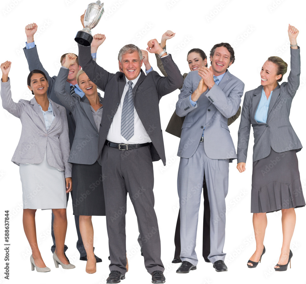 Excited business team cheering at camera with trophy Excited business team cheering at camera with trophy
