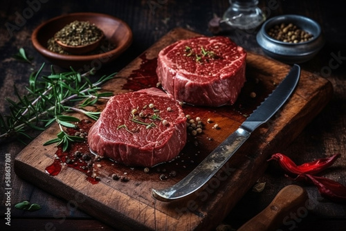 Variety raw beef steaks for grilling with spices and utensils on dark rustic board 