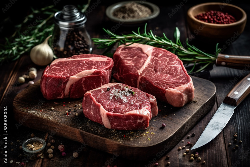 Variety raw beef steaks for grilling with spices and utensils on dark rustic board
Variety raw beef steaks for grilling with spices and utensils on dark rustic board