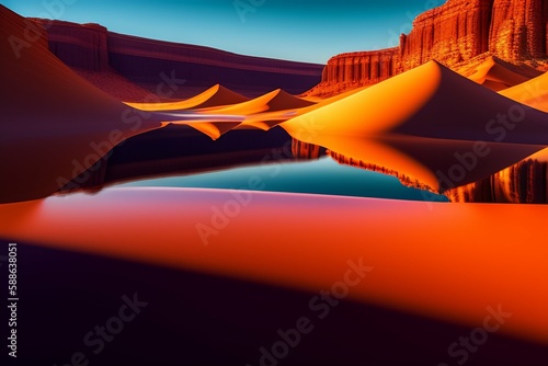 beautiful view of the desert with a small river. generative ai.