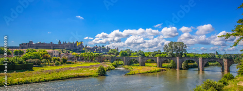 Medieval castle town of Carcassone, France and the stone bridge