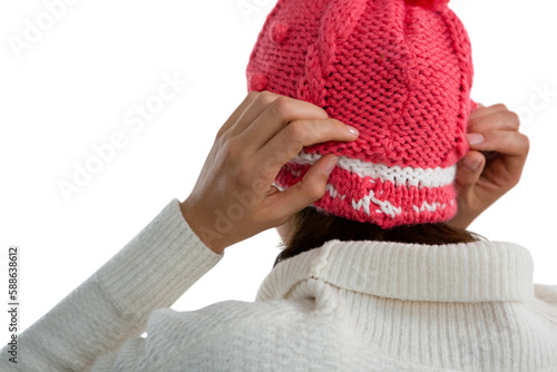 Rear view of woman in knit hat