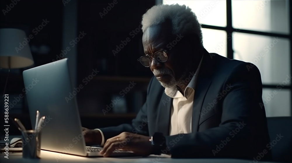 Senior businessman working on laptop computer in the office. He is concentrated and focused on his job. Ai Generated Senior businessman working on laptop computer in the office. He is concentrated and focused on his job. Ai Generated