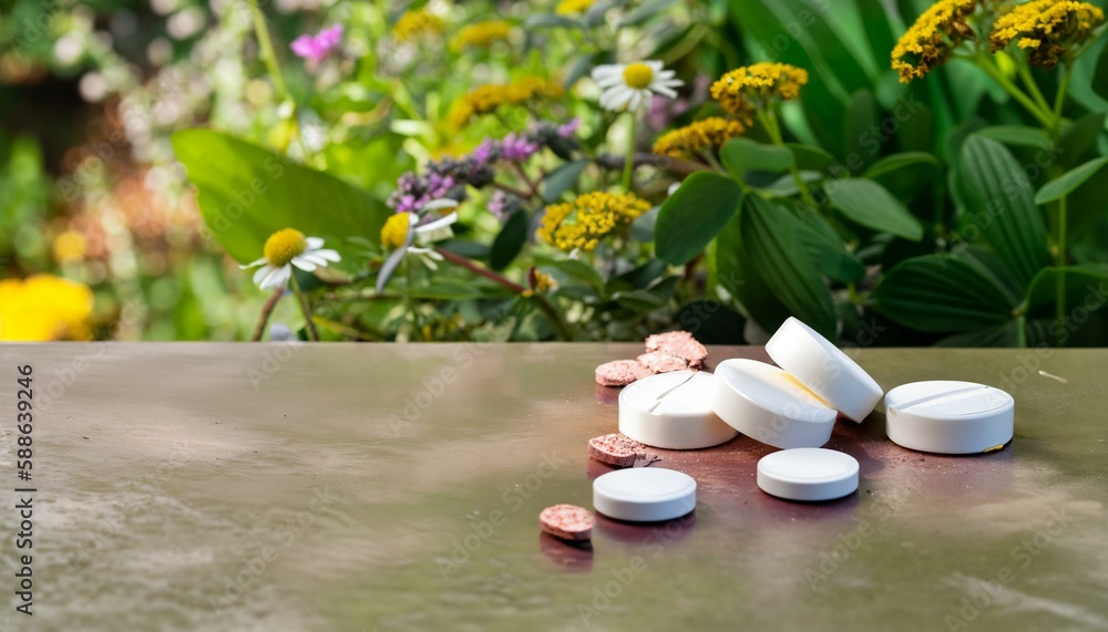 On a table in the garden are natural vitamins / medzin. Homeopathy or globules. Naturopathy. On a table in the garden are natural vitamins / medzin. Homeopathy or globules. Naturopathy.