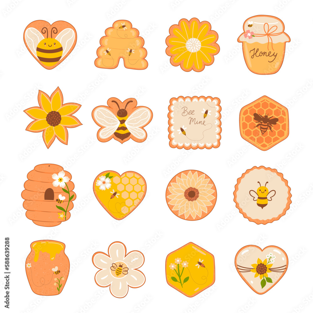Set of top view honey cookies isolate on white background. Vector