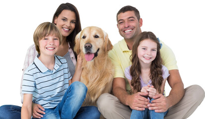 Happy family with golden retriever