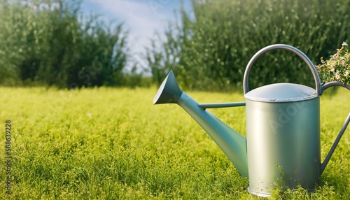 A watering can in the garden. Place for text. Ideal as a header, banner or wallpaper.