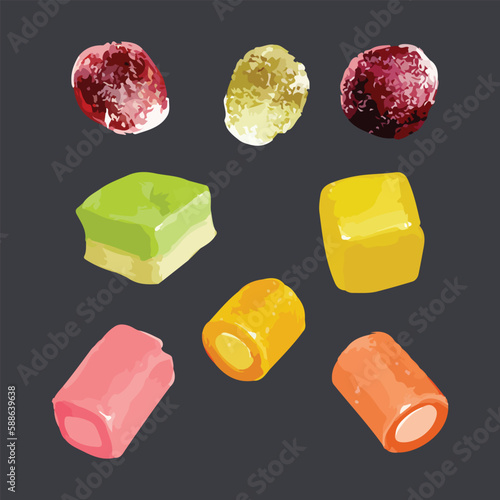 Assortment of colourful dolly mixture sweets and candy. Hand drawn watercolor vector illustration