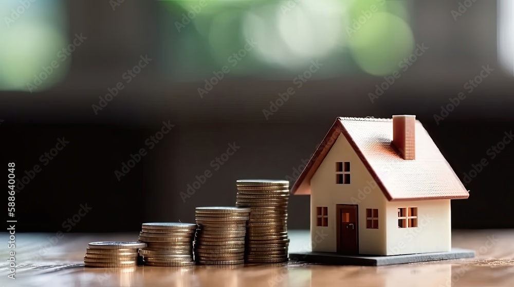 House model and money coins saving for concept. Generative AI House model and money coins saving for concept. Generative AI