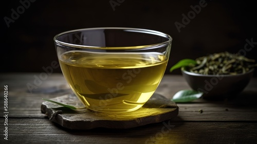 Green tea on rustic wooden background (Generative AI)