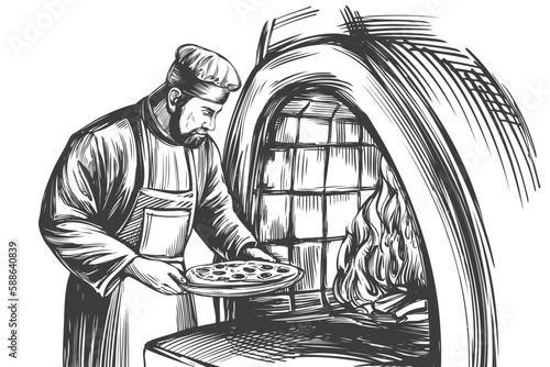 Italian pizza ,process of cooking pizza, baking with fire, hand drawn vector illustration realistic sketch