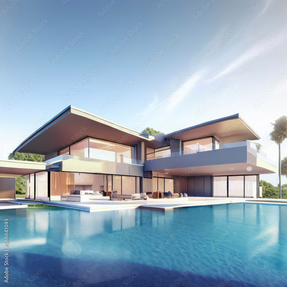 Modern villa and a luxurious infinity pool, photorealistic generative AI illustration