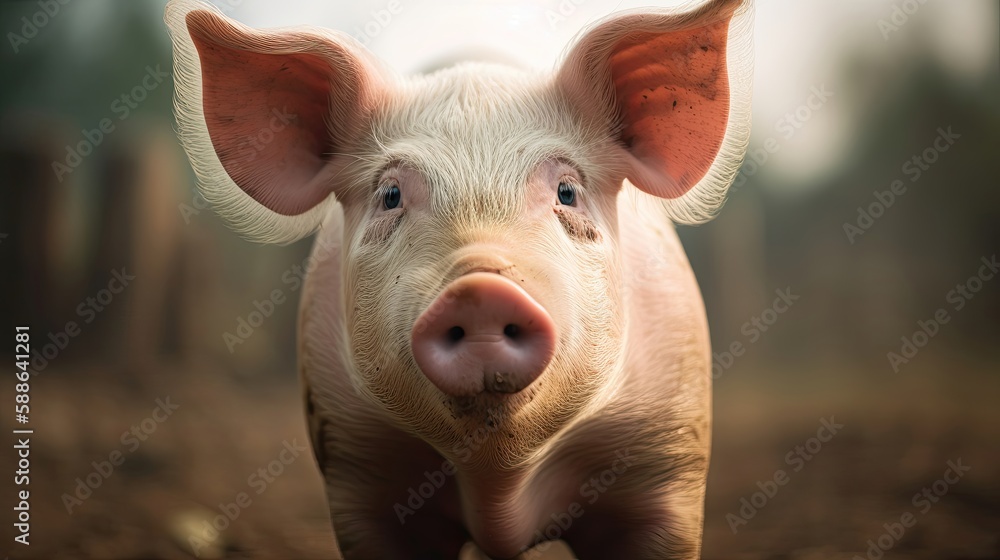 Cute pig portrait on farm background. Generative AI Cute pig portrait on farm background. Generative AI