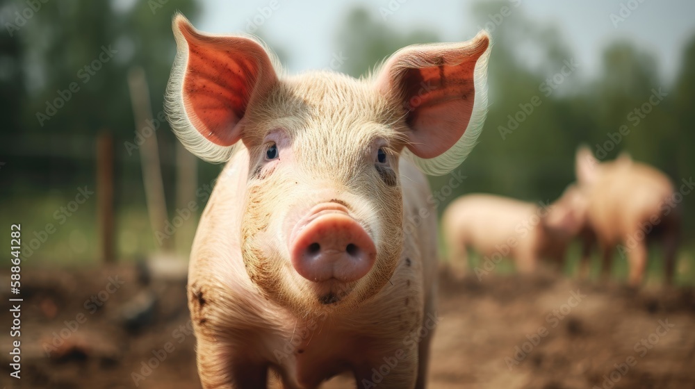 Cute pig portrait on farm background. Generative AI Cute pig portrait on farm background. Generative AI