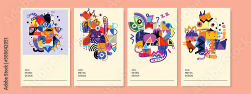 Artistic colorful shapes line and doodles abstract set graphic design.